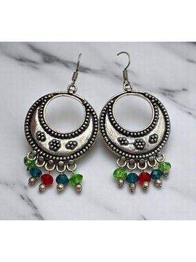 Bohemian Silver Tone Crescent Earrings Bead Accents Multicolor Dangle